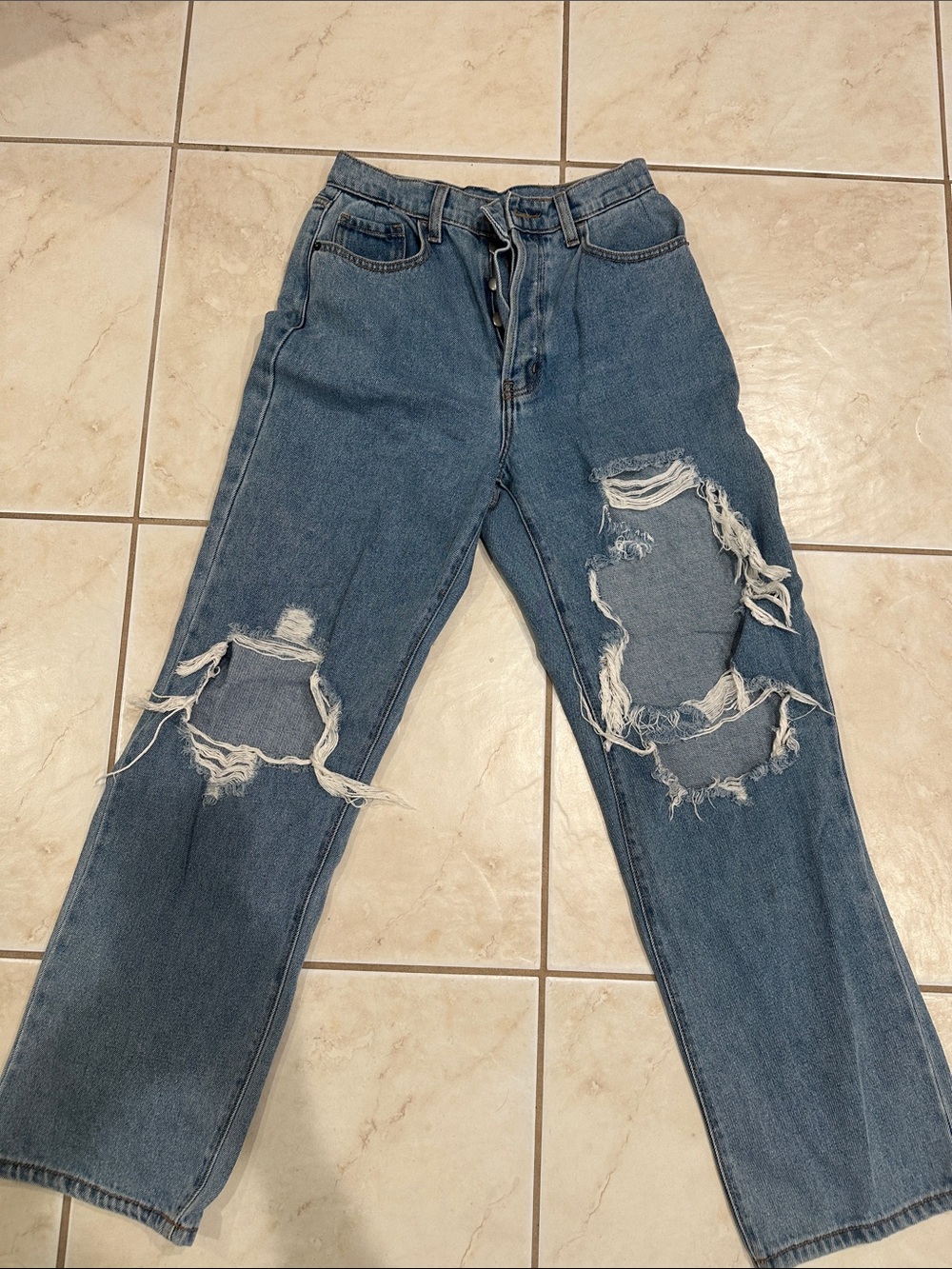 High-Rise Distressed Blue Denim Jeans